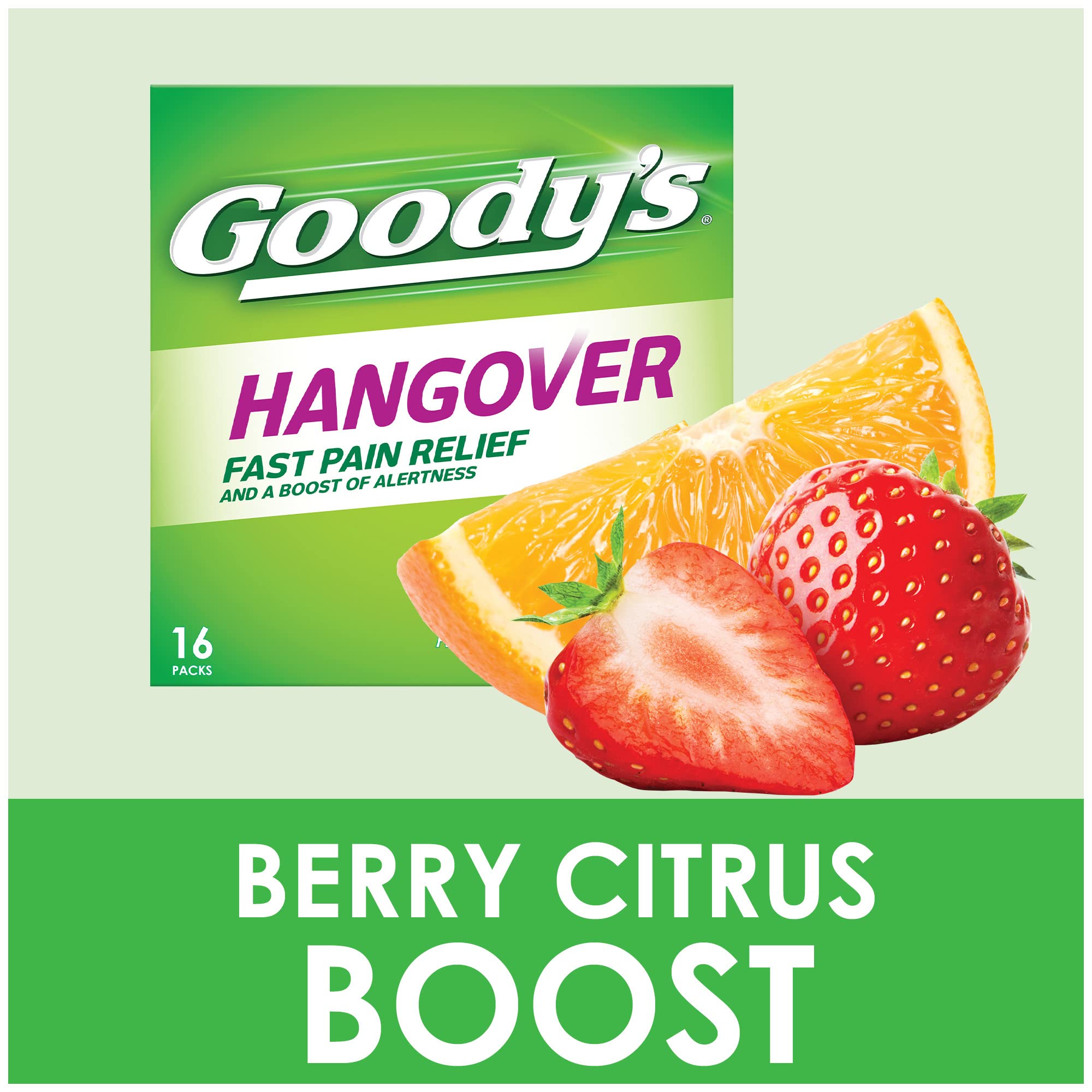 Goody's Hangover Relief Powder, Dual Action Fast Headache Pain Relief with Aspirin and Caffeine, Berry Citrus Flavor, 16 Count