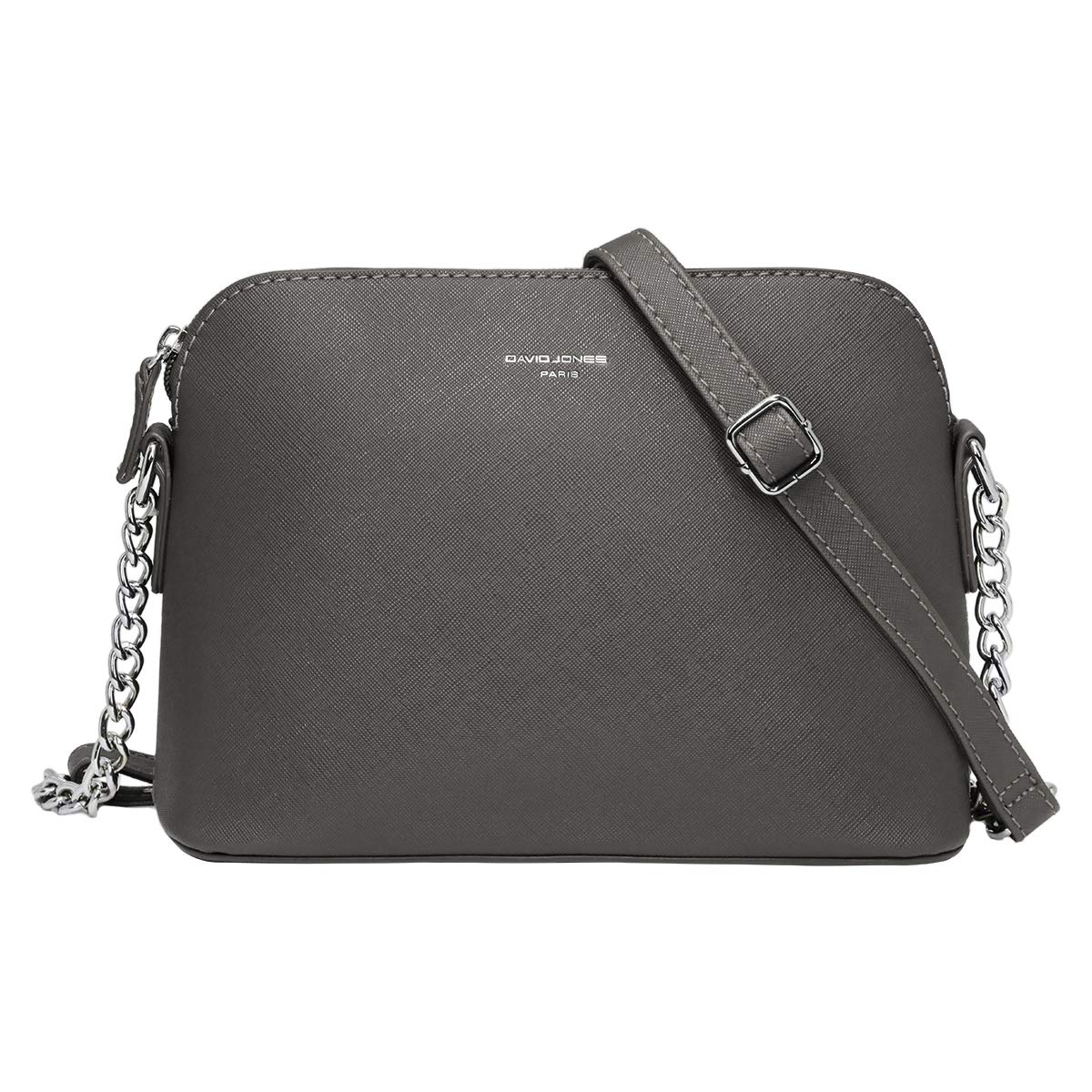 David Jones - Women's Small Crossbody Bag - Chain Shoulder Bag - Saffiano PU Faux Leather Rigid Messenger Bag - Evening Party City Clutch - Ladies Zip Handbag - Fashion Elegant Simple - Silver