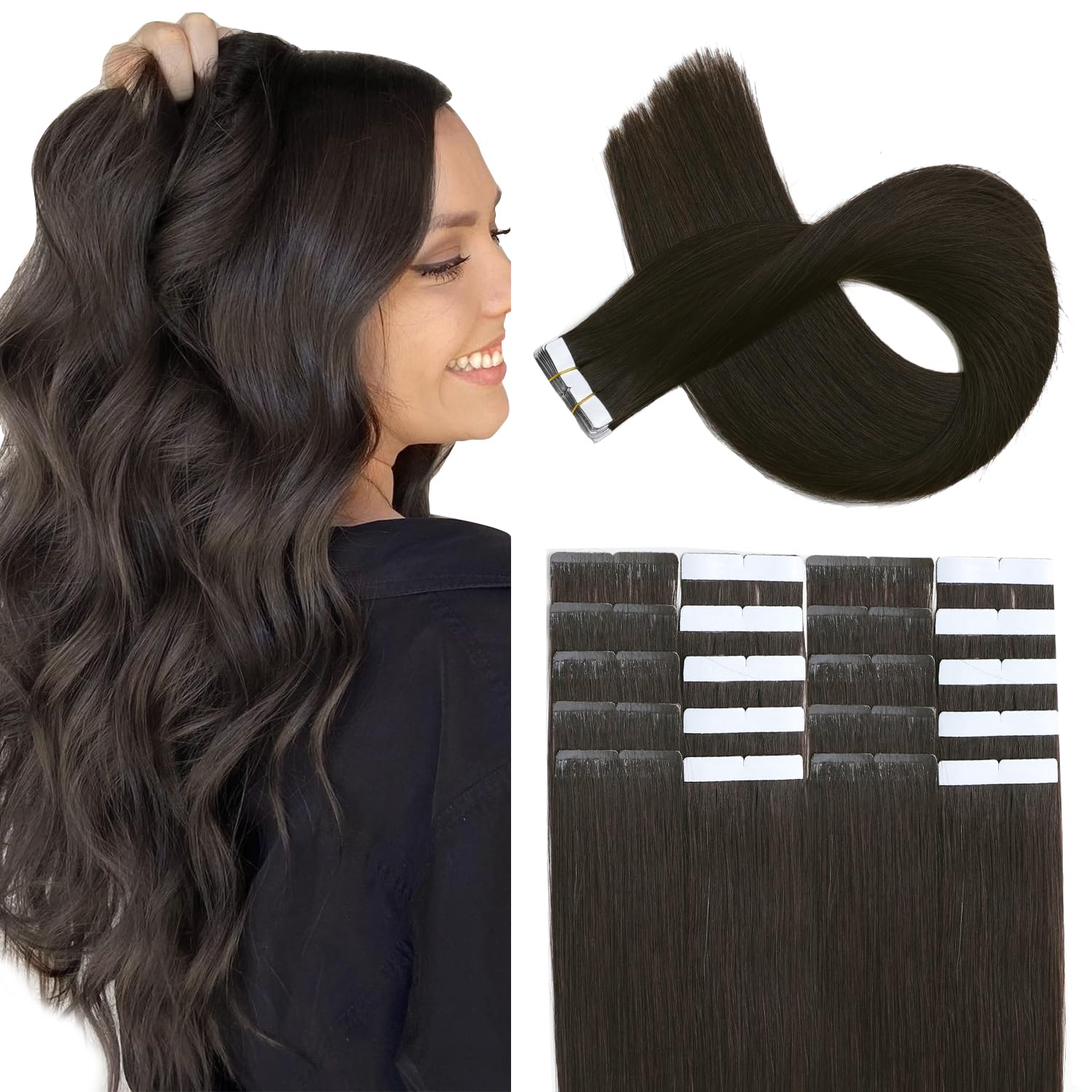 XDhair Tape in Hair Extensions for Women 50g 14inch #2 Dark Brown Real Hair Extensions Tape in 20pieces(#2,14Inch)