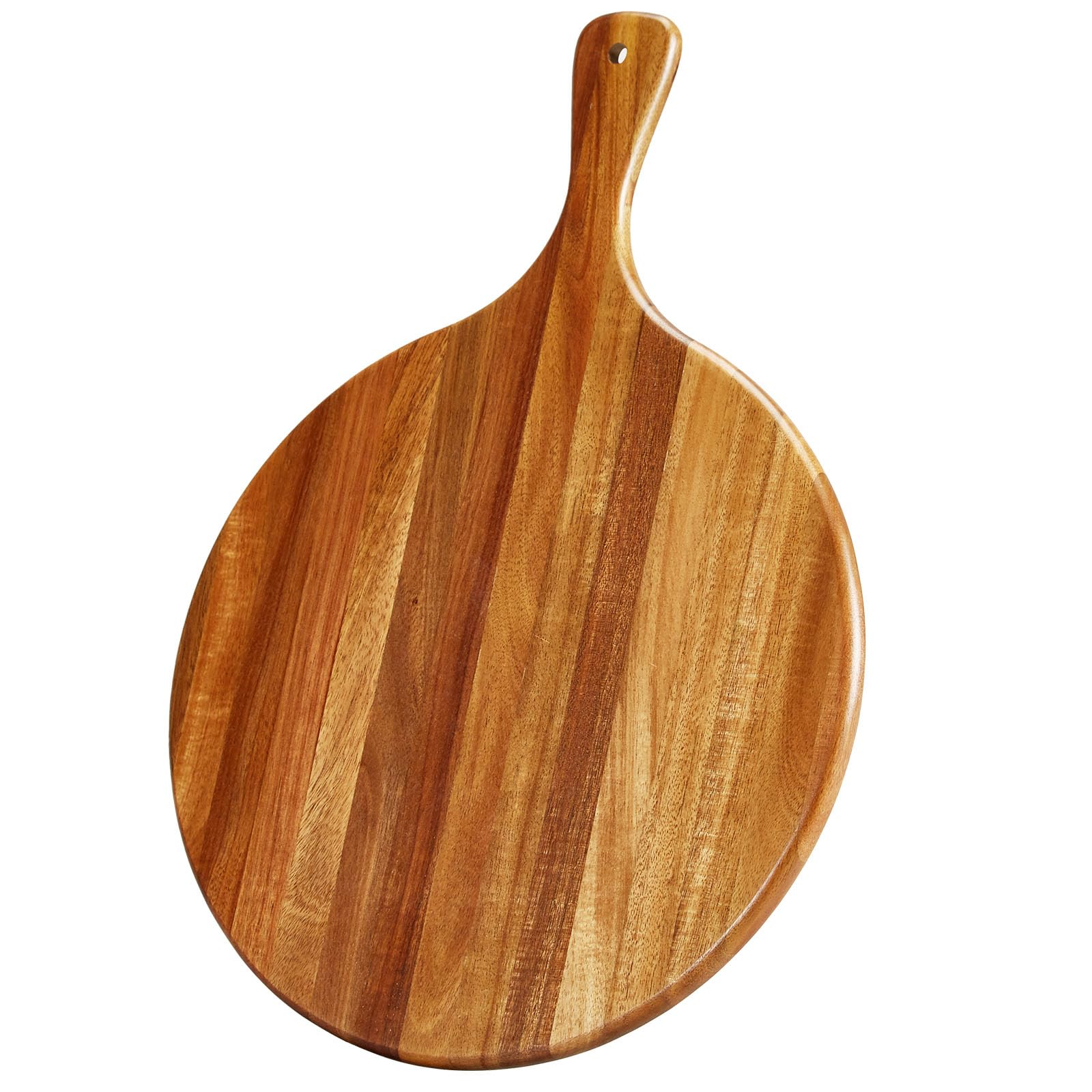 Photo 1 of Acacia Wood Round Cutting Board with Handle - Wooden Charcuterie Board, Versatile Cutting Serving Board for Pizza, Bread, Cheese, Vegetables, and Kitchen Decor, 16"x12"