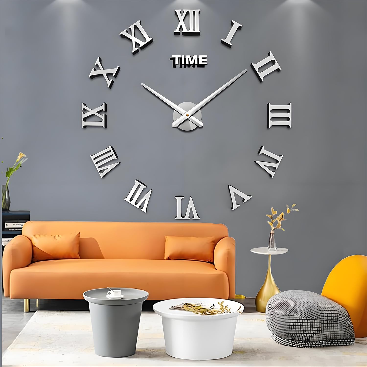 CORALTREE DIY Wall Clock, DIY Modern Mute Large Wall Clock 3D Stickers Home Office Decor Gift (Silver)