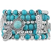 BOMAIL 6pcs Western Turquoise Bracelets for Women Turquoise Beads Bracelets Stack Bohemian Country Jewelry Rodeo Cowboy Stretchable Bracelet Set Western Jewelry for Women