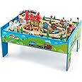Costzon Train Table, 80 Pcs, Wooden Kids Activity Table Playset with Reversible & Detachable Tabletop, Solid Wood Tracks, Train, Railway, City, DIY Design, Gift for Boys & Girls, Multi-Color