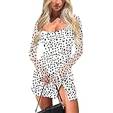 HYPERFIRE Women's Mesh Long Sleeve Square Neck Split Hem Party Club Cocktail Bodycon Mini Dress