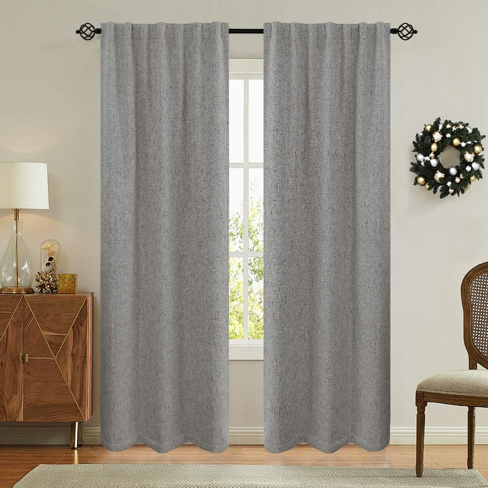 Grey Blackout Curtains for Bedroom Linen Textured Drapes Thermal Insulating Heavy Duty Room Darkening Curtain Set Rod Pocket Back Tab Style Living Room Kitchen Window Treatment 2 Panels 95 inch Long: Kitchen & Dining