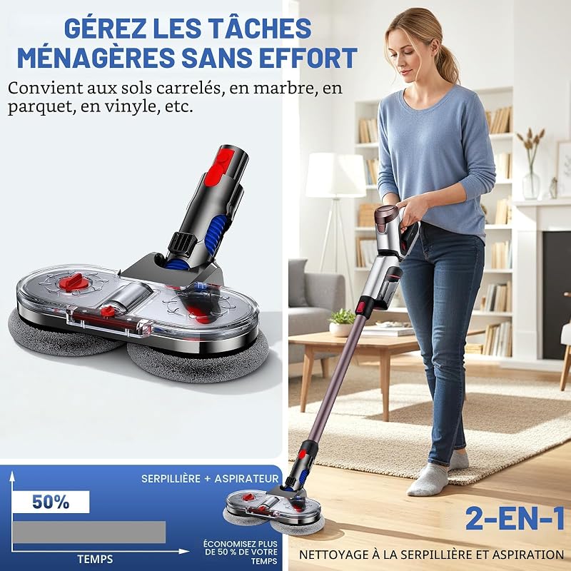 Tête de Vadrouille Electrique pour Dyson V7/V8/V10/V11/V15 Tête de Balai Électrique avec Réservoir d'eau Amovible, Réservoir de Remplissage et 8 Vadrouille Lavable pour Parquet Sols Durs