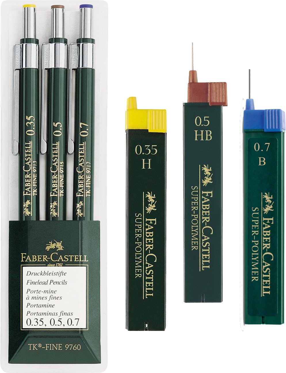 Faber-Castell TK-FINE 9760 136030 Set of 3 Mechanical Pencils Lead Thickness: 0.35 mm; 0.5 mm with 0.7 mm; barrel colour: green. Eco Bundle H HB B