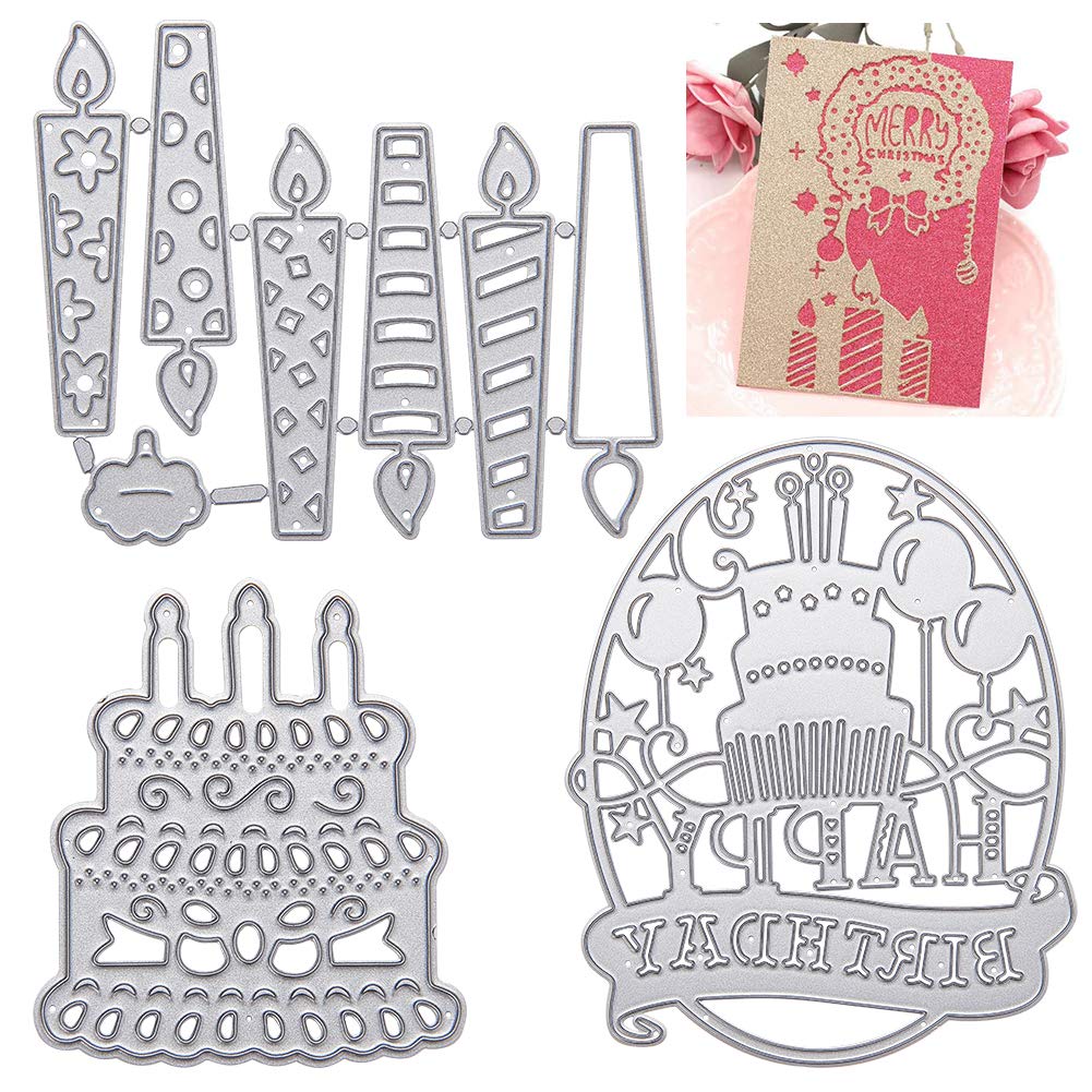 GORGECRAFT 3pcs Cutting Dies Happy Birthday Candle Cake Metal Die cuts Stencils Templates for Card Making Embossing Scrapbooking DIY Album Paper Art Craft Decoration