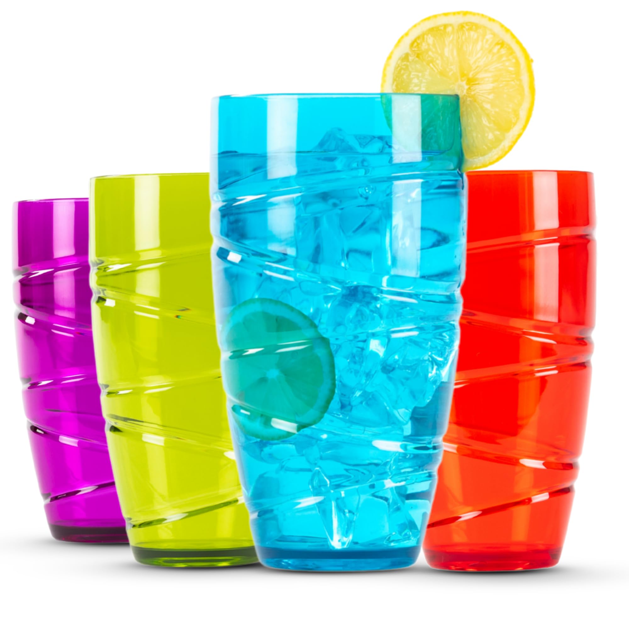 LIVIVO Set of 4 Plastic Tumblers - 600ml Swirl Design Plastic Cups Reusable, Stackable, Unbreakable Plastic Glasses - Clear Drinking Tumblers Adults and Kids for Picnic, Camping, Party - Multi Colour