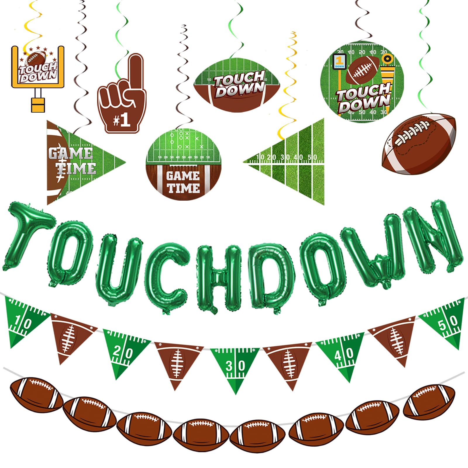 Photo 1 of Football Party Decorations Included TOUCH DOWN Foil Balloon Banner 2 Pack of Football Banners 8 Football Hanging Swirls Football Game Day Party Supplies Football Foil Balloons Football Hanging Decor