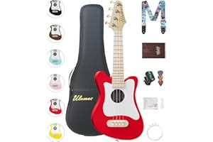 Ulumac Soprano Ukulele, Stylish Shape with White Pickguard Spruce 21.5 inch Ukelele Beginner Kit with Gig Bag, Digital Tuner, Replacing Strings, 3 Guitar Picks, Strap, Cloth, Red, P005WRD