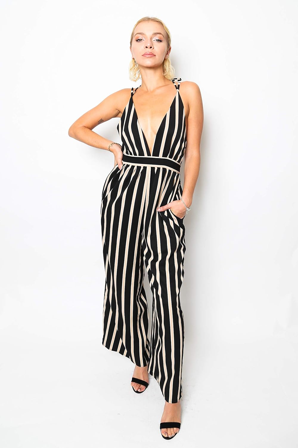 beige and white striped jumpsuit