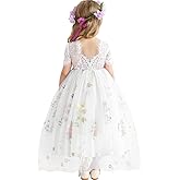 DeeFant Flower Girl Lace Back V-Neck Dress Full-Length Floral Embroidered Toddler Tutu Tulle Dresses for Girls