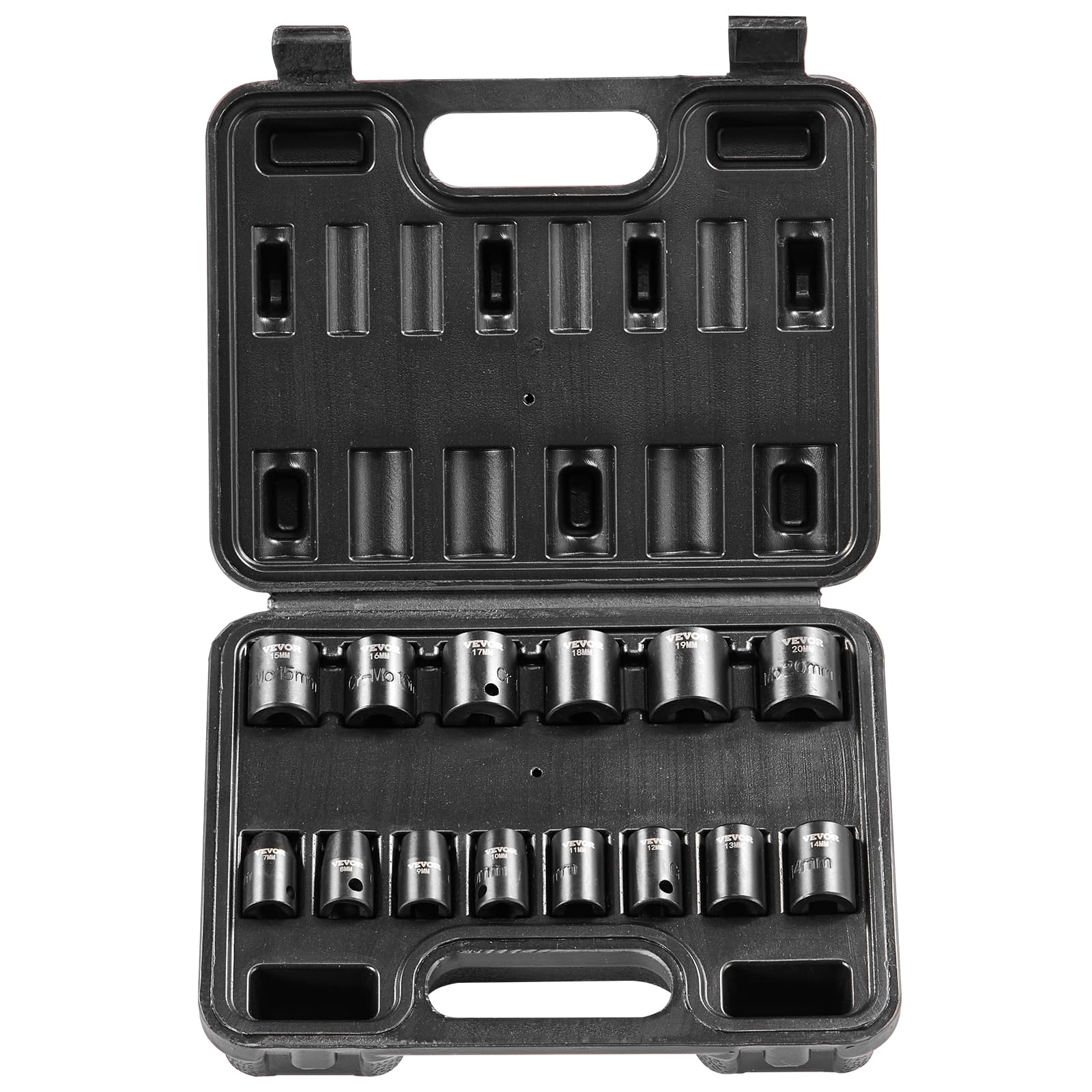 VEVOR 3/8" Drive Impact Socket Set, 14 Piece Shallow Socket Set Metric 7-20mm, 6 Point Cr-Mo Alloy Steel for Auto Repair, Easy-to-Read Size Markings, Rugged Construction, Includes Storage Case