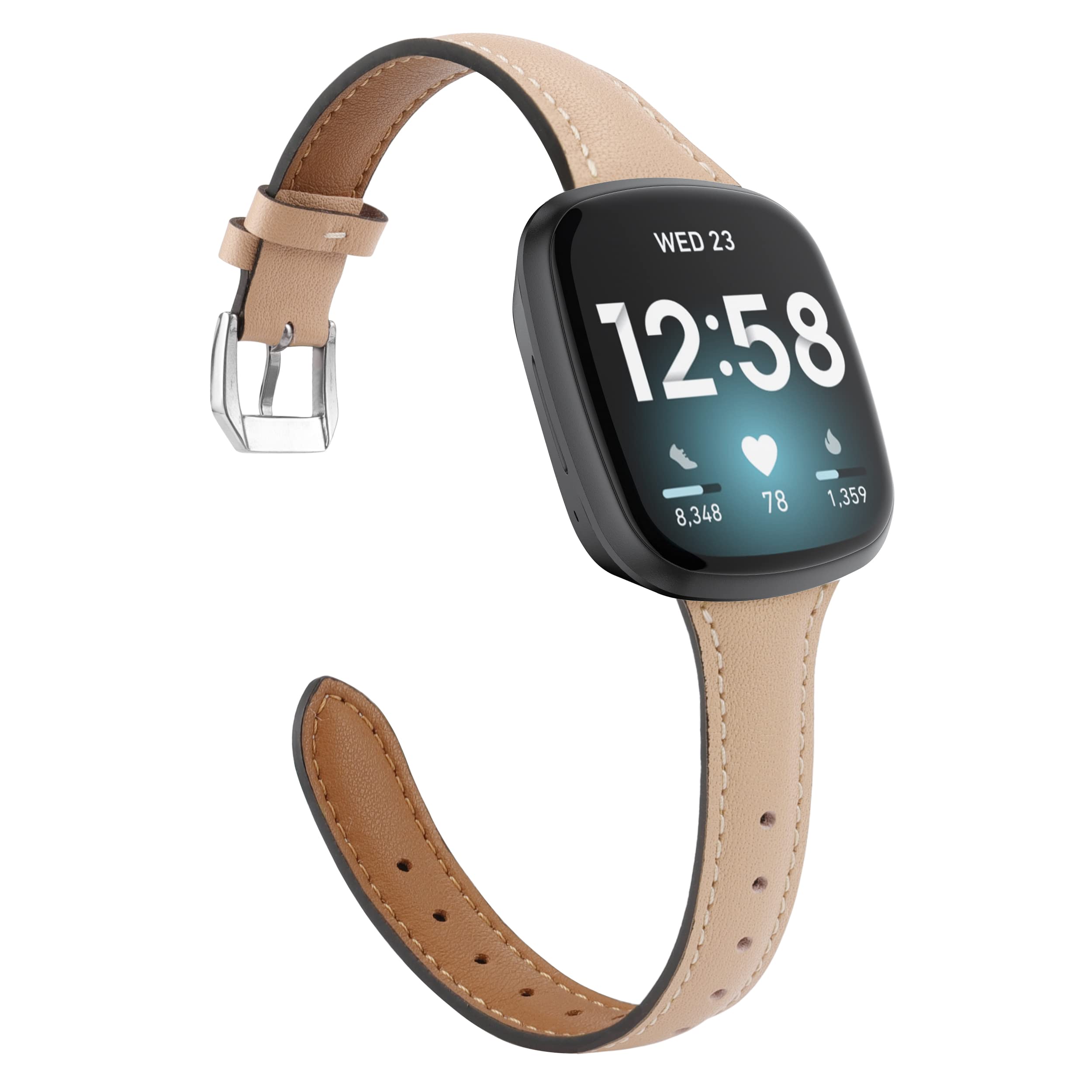 Wearlizer Compatible with Fitbit Versa 4/ Versa 3/ Sense 2/ Sense Strap for Women, Top Grain Genuine Thin Leather Replacement Wristband for Women for Versa 4 Smart Watch Band, Beige — image 1