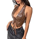 GIYKBX Trendy Faux Leather Halter Crop Tops for Women - Sexy Deep V-Neck, Tie-Front, Clubwear, Street Style & Party