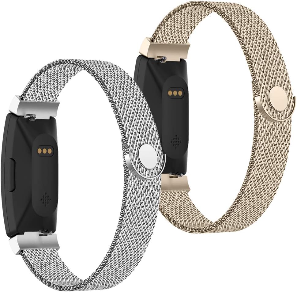 POY Compatible with Fitbit Inspire Hr Bands, Stainless Steel Replacement for Fitbit Inspire and Ace 2 Metal Loop Bracelet Sweatproof Wristbands for Women Men 2 Packs Silver Champagne Small