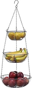 SunnyPoint 3 Tier Hanging Fruit Basket, Black Coating