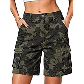 ELLEVEN Bermuda Cargo Shorts Women, Elastic High Waist 6 Pockets Shorts 7 Inch Inseam Summer Jorts for Women Casual