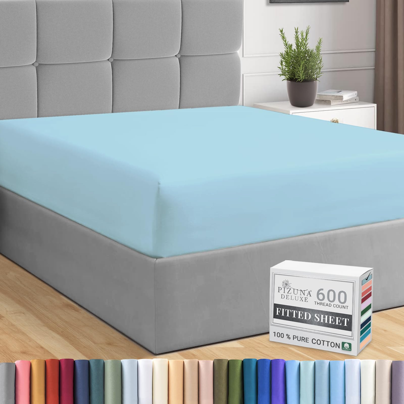 Pizuna Pure Combed Cotton King Size Fitted Sheet Baby Blue, 600 Thread Count 100% Long Staple Cotton King Size Fitted Sheet 160x200 cm, Sateen Sheet Deep Fit 40 cm 1 PC