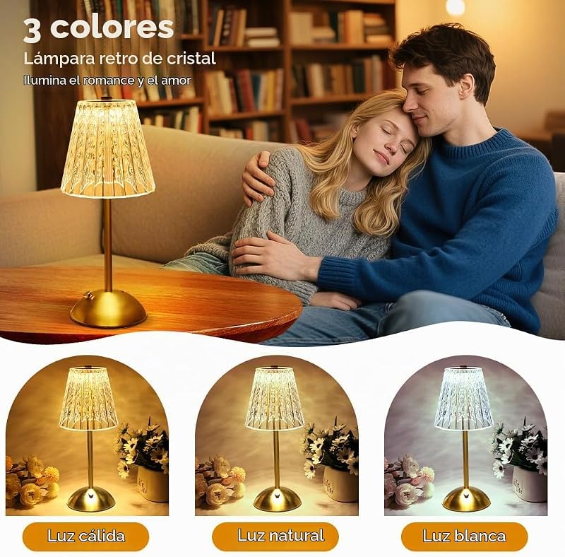 Lampara Inalambrica, 2000mAh Lampara Recargable con USB-C, 3 Temperaturas de Color Toca Cristal Lampara de Mesa, Lámpara de Mesa Inalámbrica para Dormitorio, Cafetería, Bar, Cena (Oro)