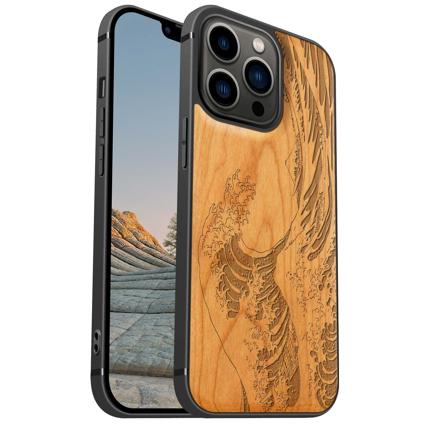 Carveit Magnetic Wood Case for iPhone 13 Pro Case [Hard Real Wood & Soft TPU] Shockproof Protective Cover Wooden Design Bumper Case Compatible with MagSafe (Wave Kanagawa-Cherry)