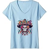 Womens Women's Desfile Dia de Muertos Day of The Dead Sugar Skull V-Neck T-Shirt
