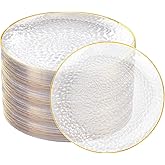 Rubtlamp 100 Pcs Gold Plastic Plates, 10 inch Clear Gold Dinner Plates, Hammer Pattern Design, Fancy Disposable Plate, Heavy Duty Party Plate Ideal for Party