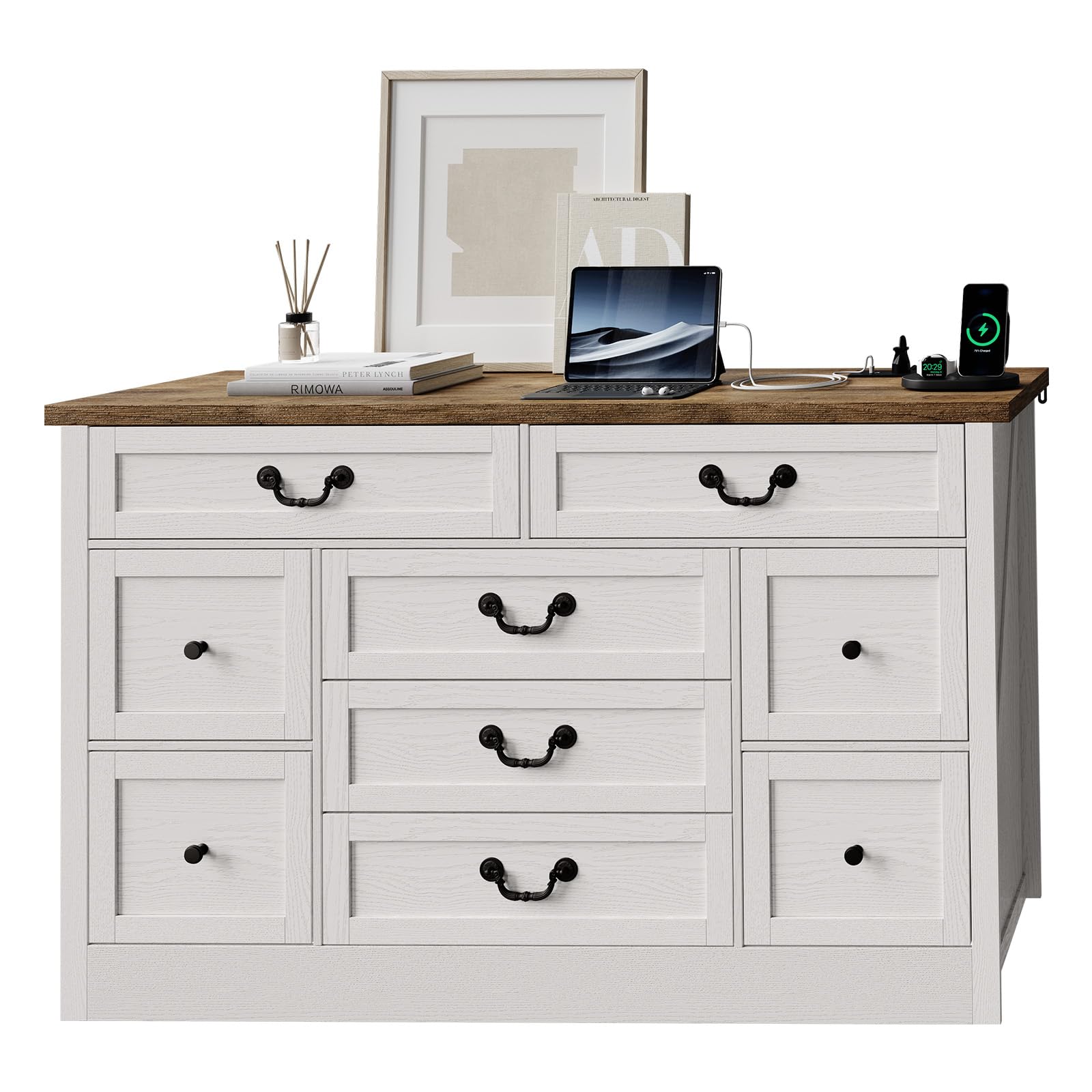 Photo 1 of **SELLING FOR PARTS**Farmhouse Dresser for Bedroom 9 Drawer Dresser with Charging Station, 54" Wood Chest of Drawers with Rustic Handles, Storage Dressers Organizer for Bedroom, Living Room, Hallway, Wood Color