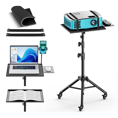 GZGDLJQ Projector Stand with Wheels, Laptop Tripod from 29" to 69" with Mouse Tray, Adjustable Height DJ Racks Stands with Gooseneck Phone Holder, for Office, Home, Stage, Studio, 1 Pack Black