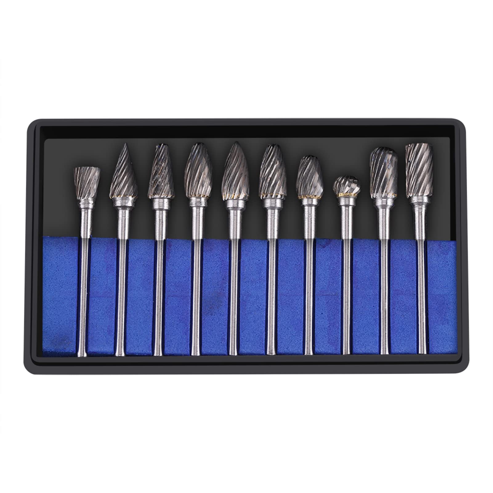Carbide Burrs Set, 10pcs Tungsten Carbide Steel Rotary Files Burr Set 3mm Shank 6mm Cutting Head Diameter for Die Grinder Drill, Metal Carving, Polishing, Engraving, Drilling(Single Cut)