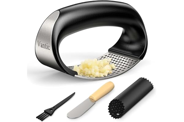 Vantic Garlic Press Rocker - Stainless Steel Garlic Crusher, Mincer and Chopper with Peeler & Scraper, Easy Kitchen Gadget fo
