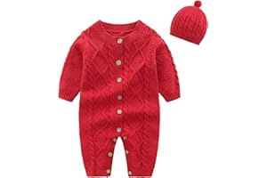 IADOER Baby Newborn Boy Knitted Sweater Romper Cotton Longsleeve Outfit with Kids Winter Warm Hats Set