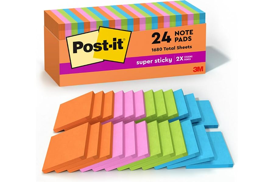 Post-it Super Sticky Notes, 3 x 3 in, Neon Fizz, 24 Pads, 70 Sheets/Pad | School Supplies and Oﬃce Supplies, 2X the Sticking Power