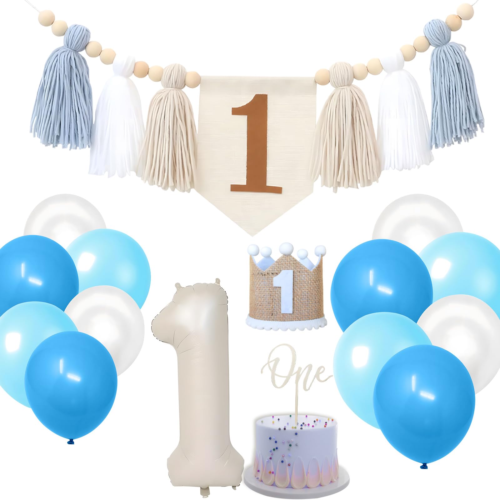 Blue 1th Birthday Decorations Girls Boys - 1th Birthday Highchair banner with Hat Cake Topper - 32in Number 1 Balloons and 12in Latex Balloons - Suitable for Party Supply β image 1