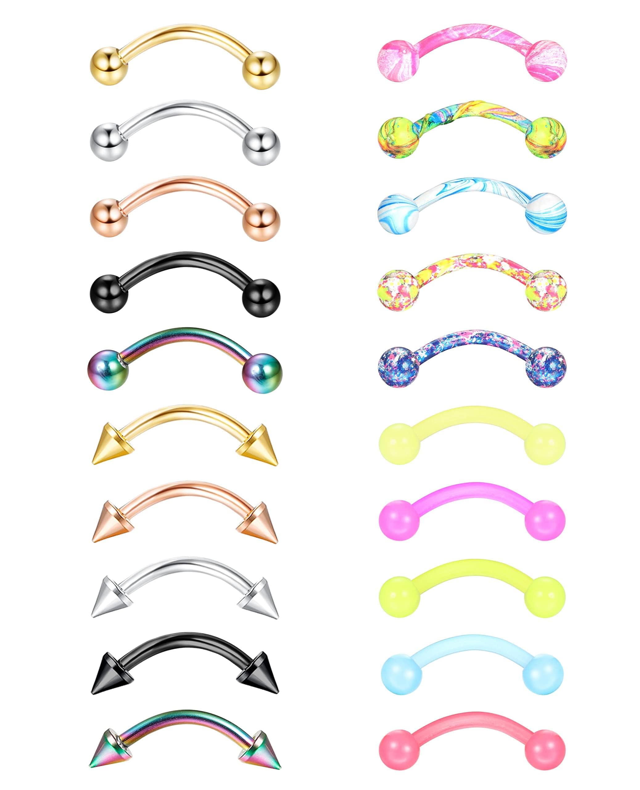 Finrezio 16G 20Pcs Stainless Steel Eyebrow Rings Lip Ring Barbell Curved Ring Tragus Daith Rook Earring Acrylic Piercing Jewelry for Women Men