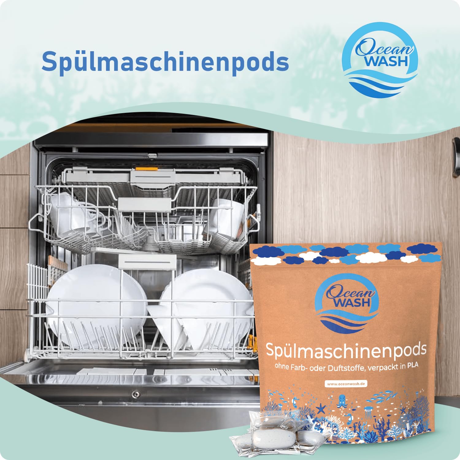 OceanWash Spülmaschinenpods ohne Plastik, Farb- und Duftstoffe, biologisch abbaubare Geschirr-Spültabs ohne Parfum, vegane Tabs für Geschirrspüler, verpackt in PLA 2