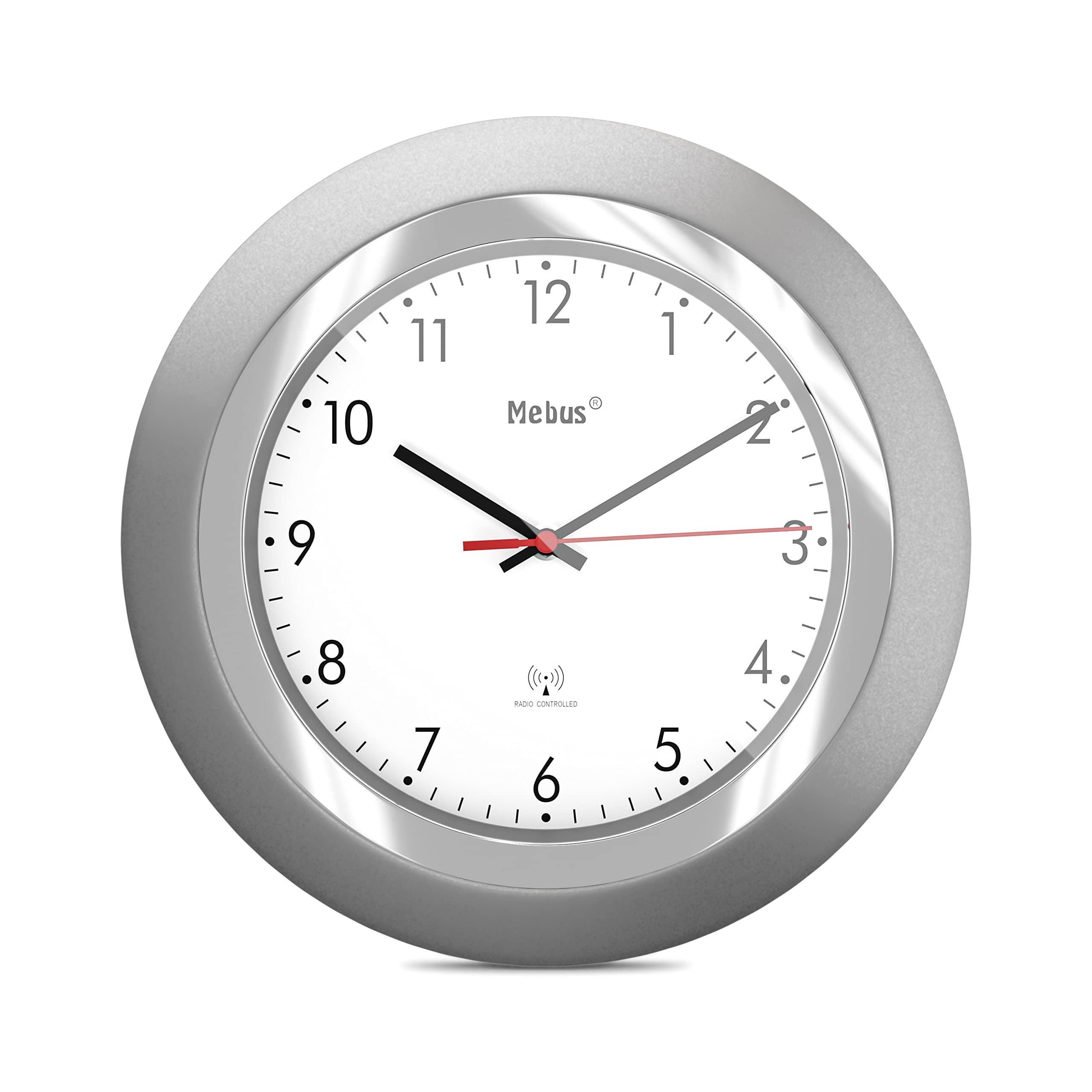 Mebus Radio Controlled Wall Clock, Classic Model, Silver Frame, White Dial, 24 cm Diameter, Round, Radio Controlled Clock (DCF77), Model: 19452, Colour: Silver, White — image 1
