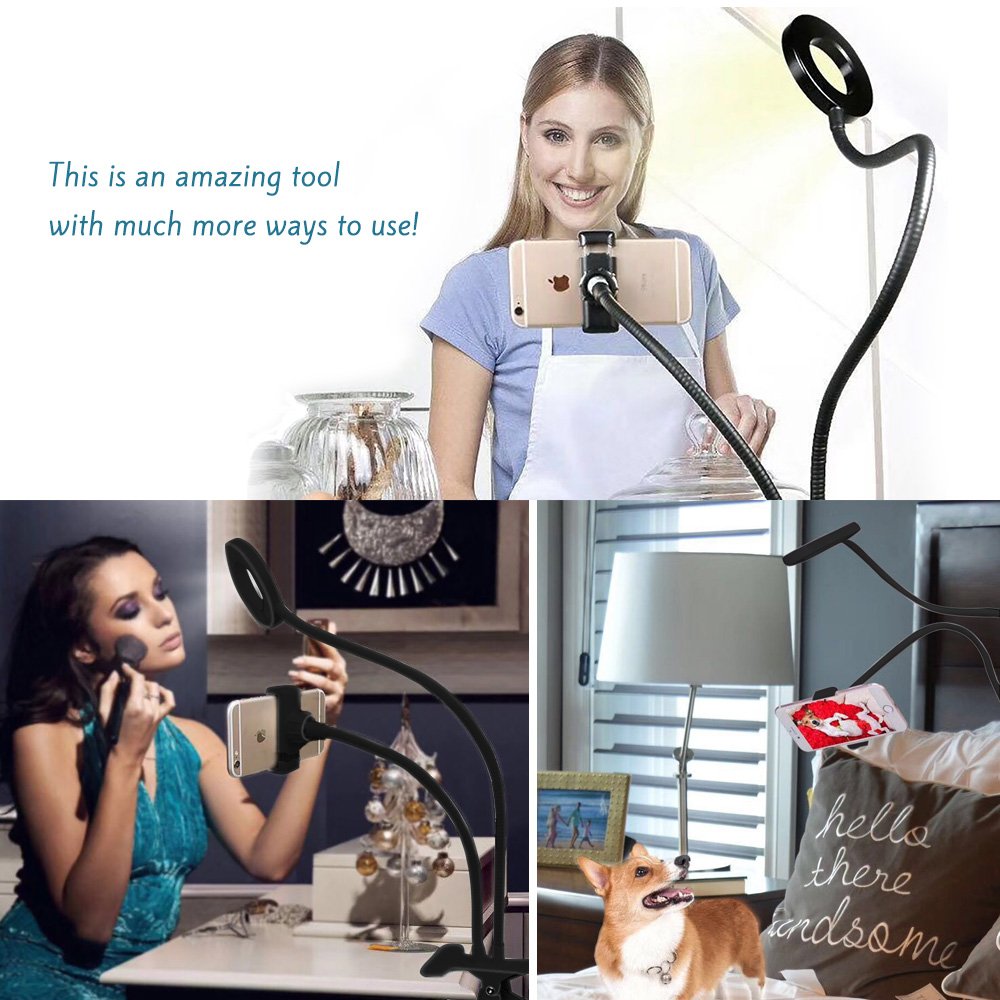 SHEKAR Dimmable Selfie Ring light with Cell Phone Holder | Flexible Mobile Phone Clip Holder Lazy Bracket Desk Lamp with Clip| Perfect for Live Stream, Youtube, Facebook