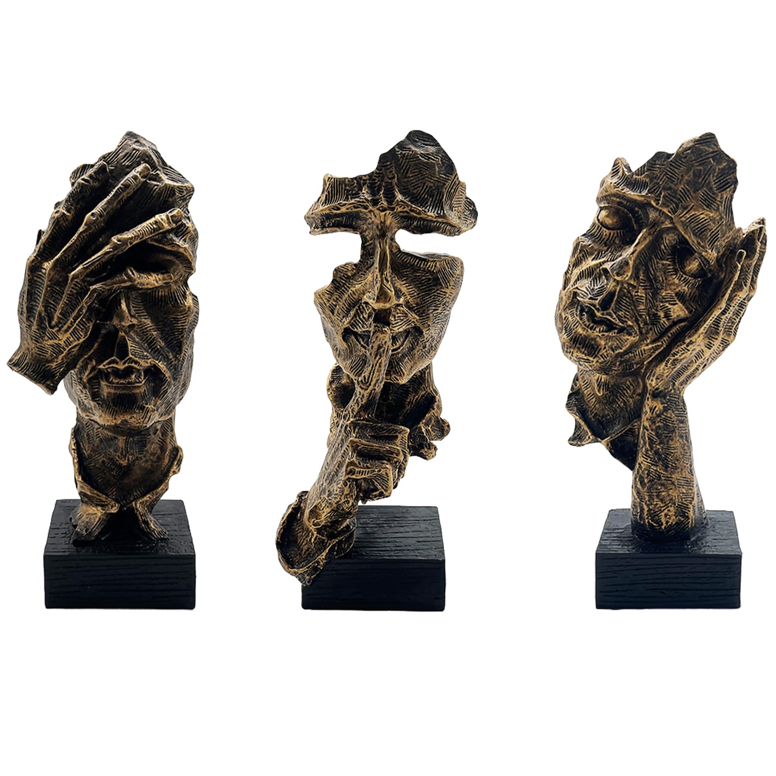 Photo 1 of ***MISSING THE MIDDLE STATUE***aboxoo Large Size 3 Pcs Thinker Statue, Silence is Gold Abstract Art Figurine, No Hear No See No Speak Modern Resin Sculptures Decor for Living Room Home, Office, Study (Gold)