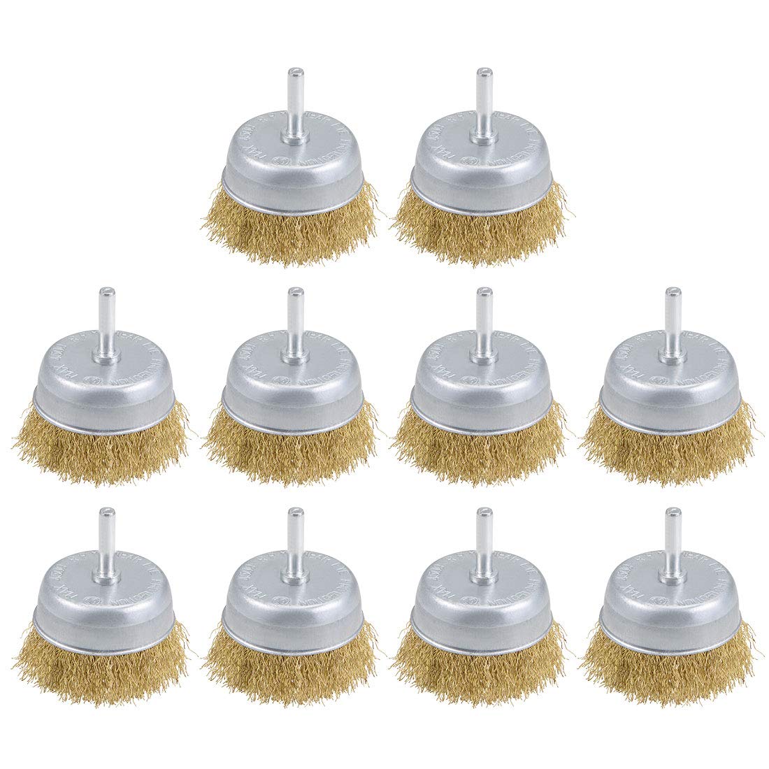 sourcing map 3-Inch Wire Cup Brush Brass Plated Crimped Steel with 1/4-inch Shank 10 Pcs