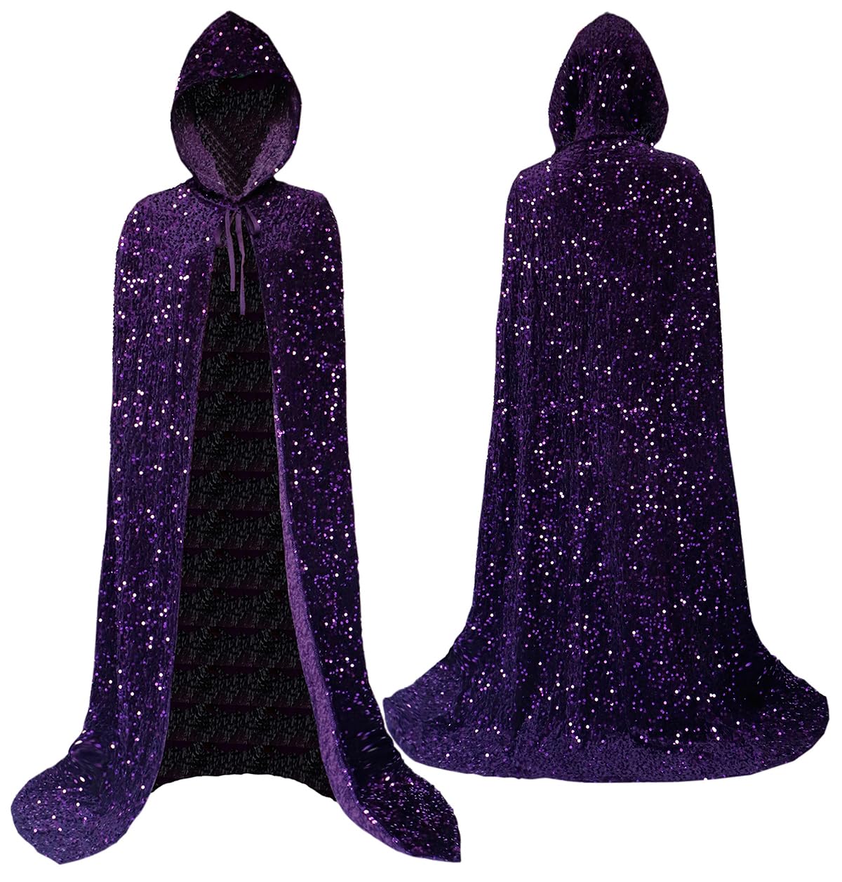 Coolwife Velvet Cloak Cape Wizard Hooded Party Halloween Cosplay Costumes for Men Women 53” (X Sequin Purple) — image 1