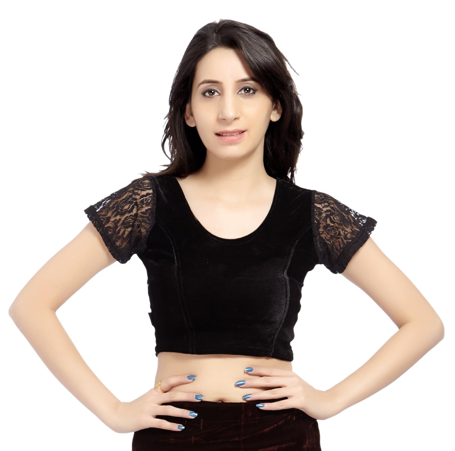 carrel women velvet fabric u neck netted half sleeves plain blouse