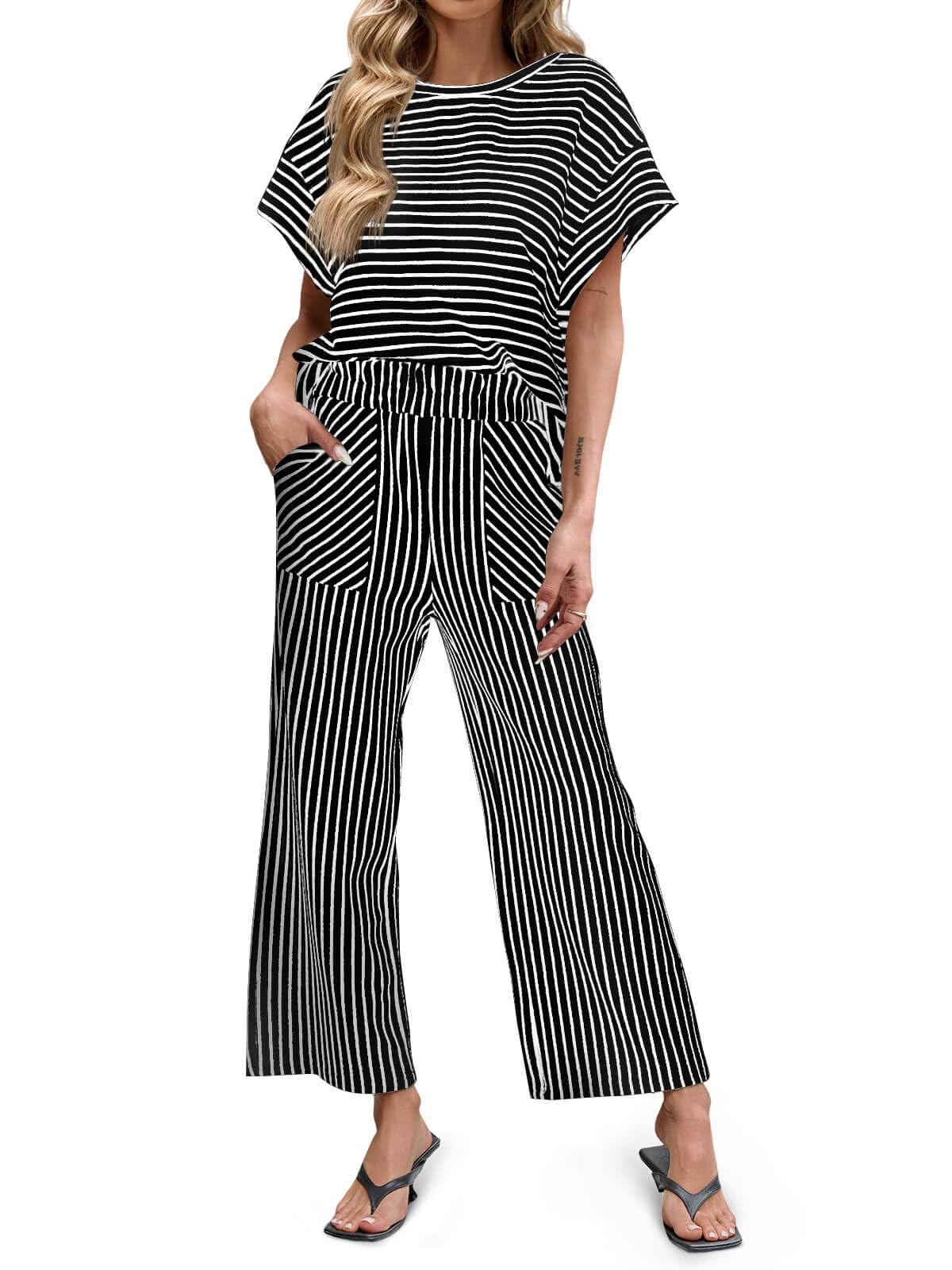 Photo 1 of **SHIRT ONLY** Tankaneo Womens Striped 2 Piece Sets Short Sleeve T Shirts Wide Leg Pants Matching Lounge Set with Pockets