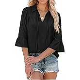 siliteelon Womens Ruffle 3/4 Sleeve Tops and Blouses Dressy Casual Flowy V Neck Tie Front Floral Business Work Shirts Trendy