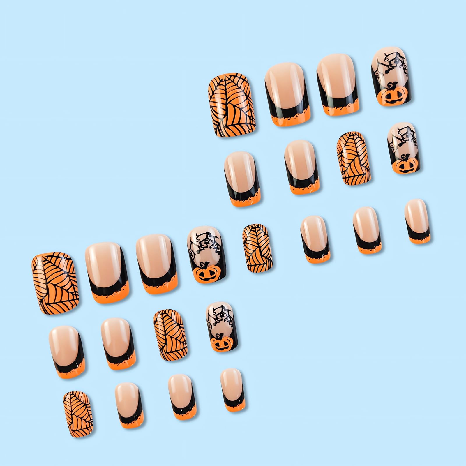 OHWODA Halloween Medium Fake Nails Square Press on Nails Black Spider Web Glue on Nails Halloween Pumpkin Nails Press ons Orange French Halloween Press on Nails for Women DIY Manicure Decorations - Image 4