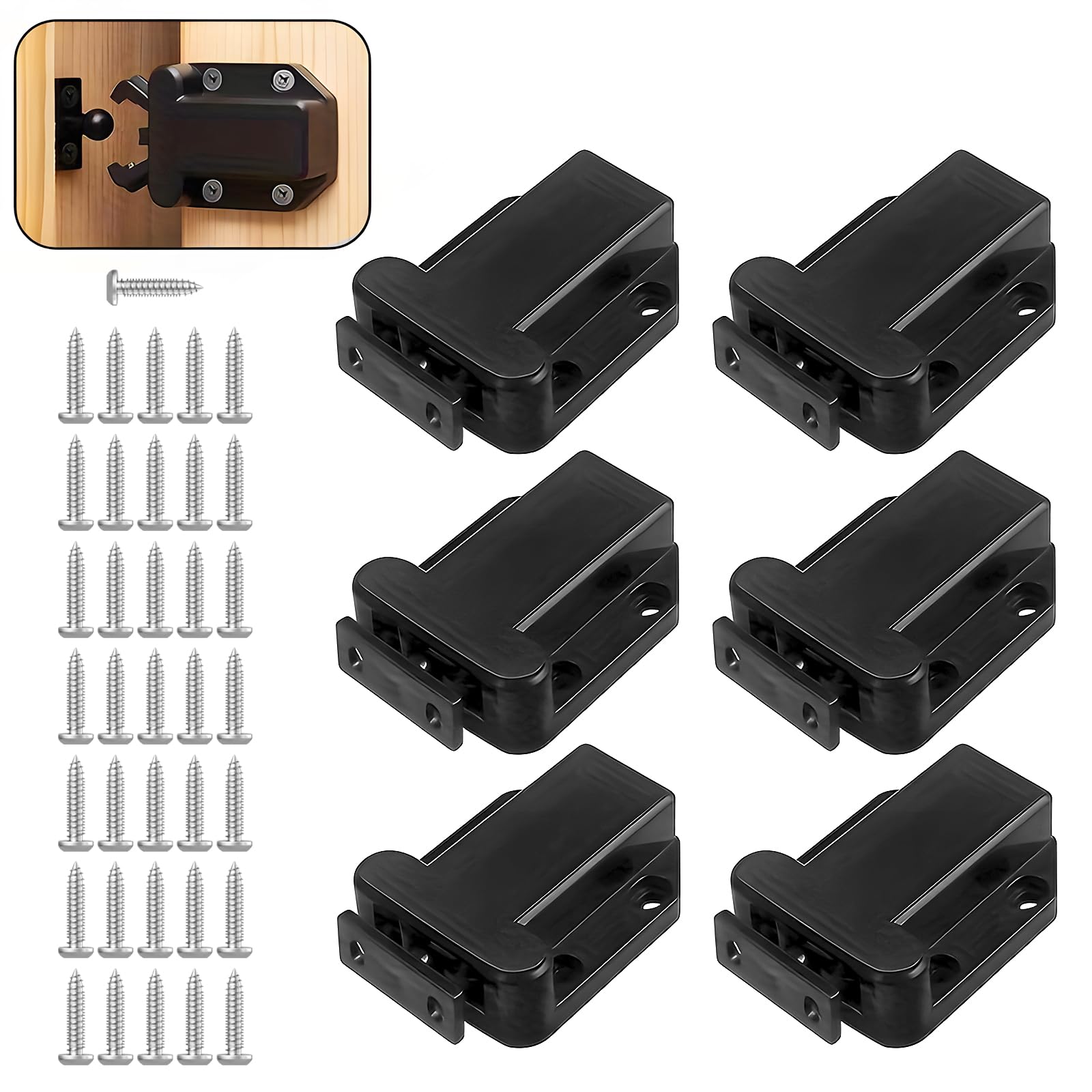 6 Pcs Touch Release Catch Latch Cupboard, Black Cupboard Door Latch with Screws Push to Open Door Catches ABS Push Latch for Cupboard and Drawer
