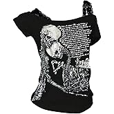 SweatyRocks Women's Y2K Grunge Goth Tops Lace Cold Shoulder Short Sleeve Skull Graphic Tees