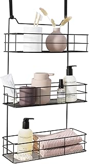 LIFA LIVING Türregal zum Einhängen, Hängekorb für Bad und Küche 3 Ablagen, Hängeregal für Küche und Bad, Schwarz Metall, 35 (B) x 15 (T) x 60 (H) cm