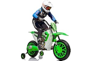 JOYLDIAS Kids Motorcycle Dirt Bike, 12V7AH Battery-Powered Ride On Motorcycle for Kids, Off-Road Street Bike w/Training Wheels, Spring Suspension, High/Low Speeds, Green